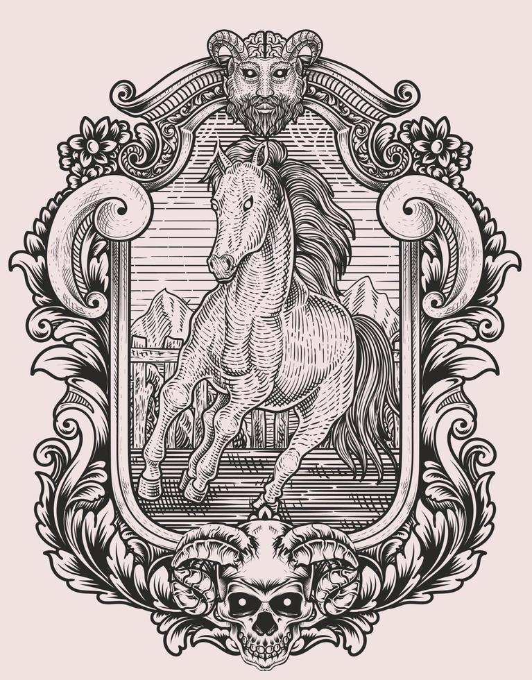 illustration vintage horse with engraving style vector