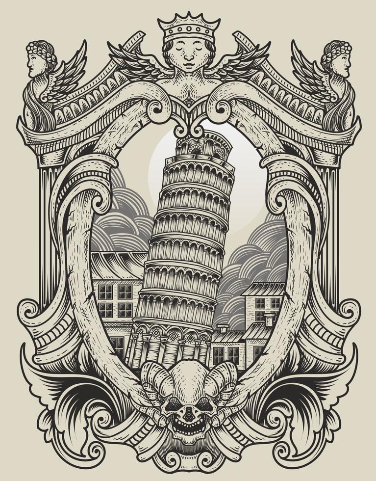 Ilustración de la torre de Pisa vintage con estilo de grabado vector