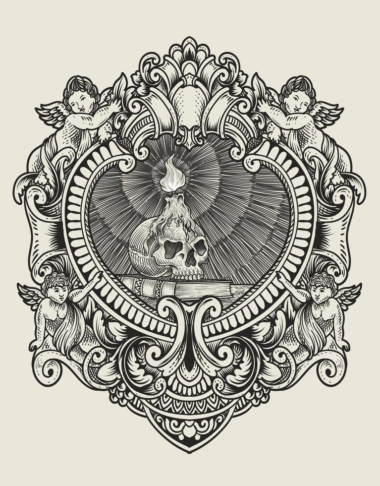 illustration vintage skull candle with engraving style vector