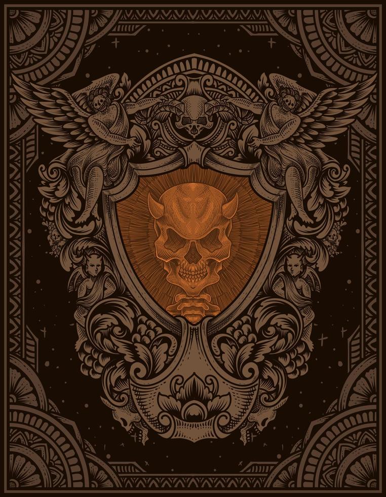 illustration demon skull with engraving ornament style vector