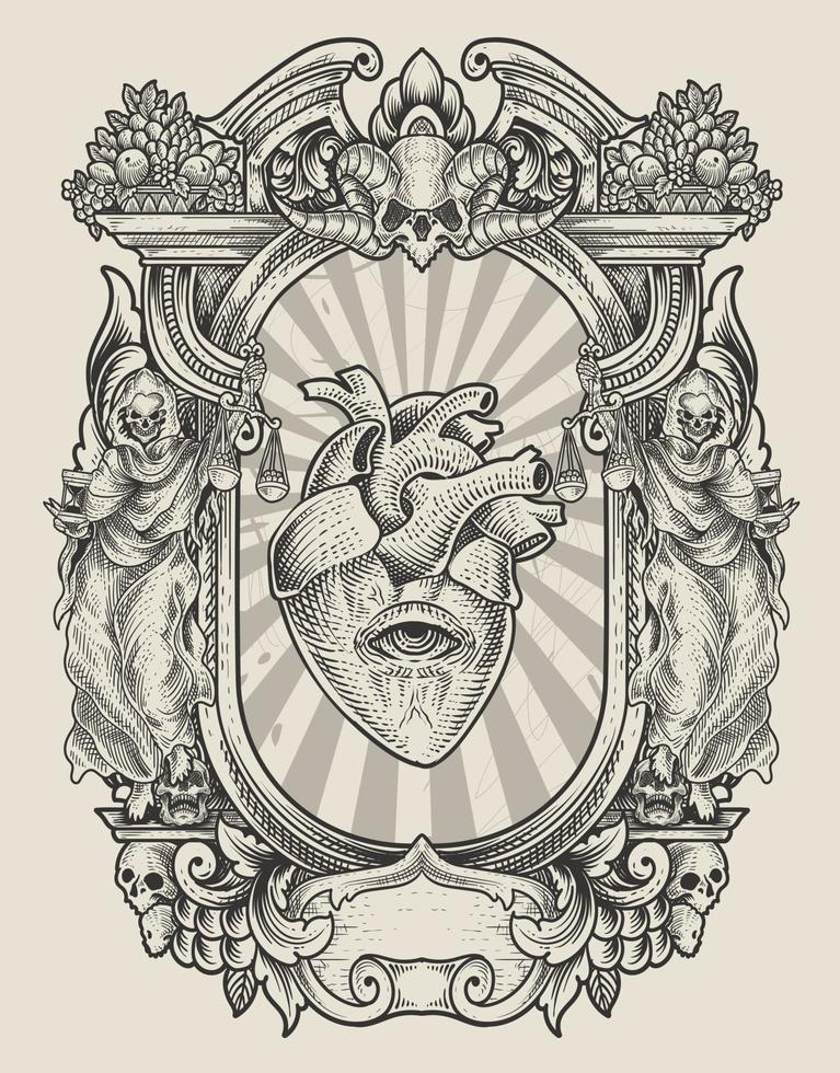 illustration antique heart with pray hand engraving style vector