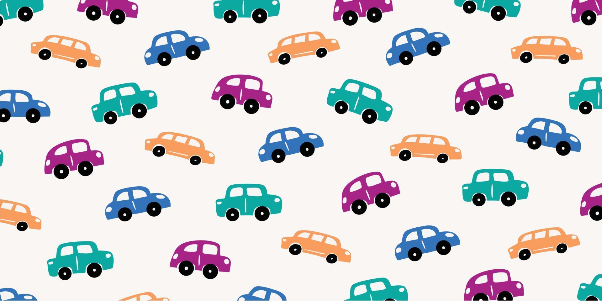 Colorful car in childish style for cute background illustration design. Wallpaper in pattern hand drawn style vector