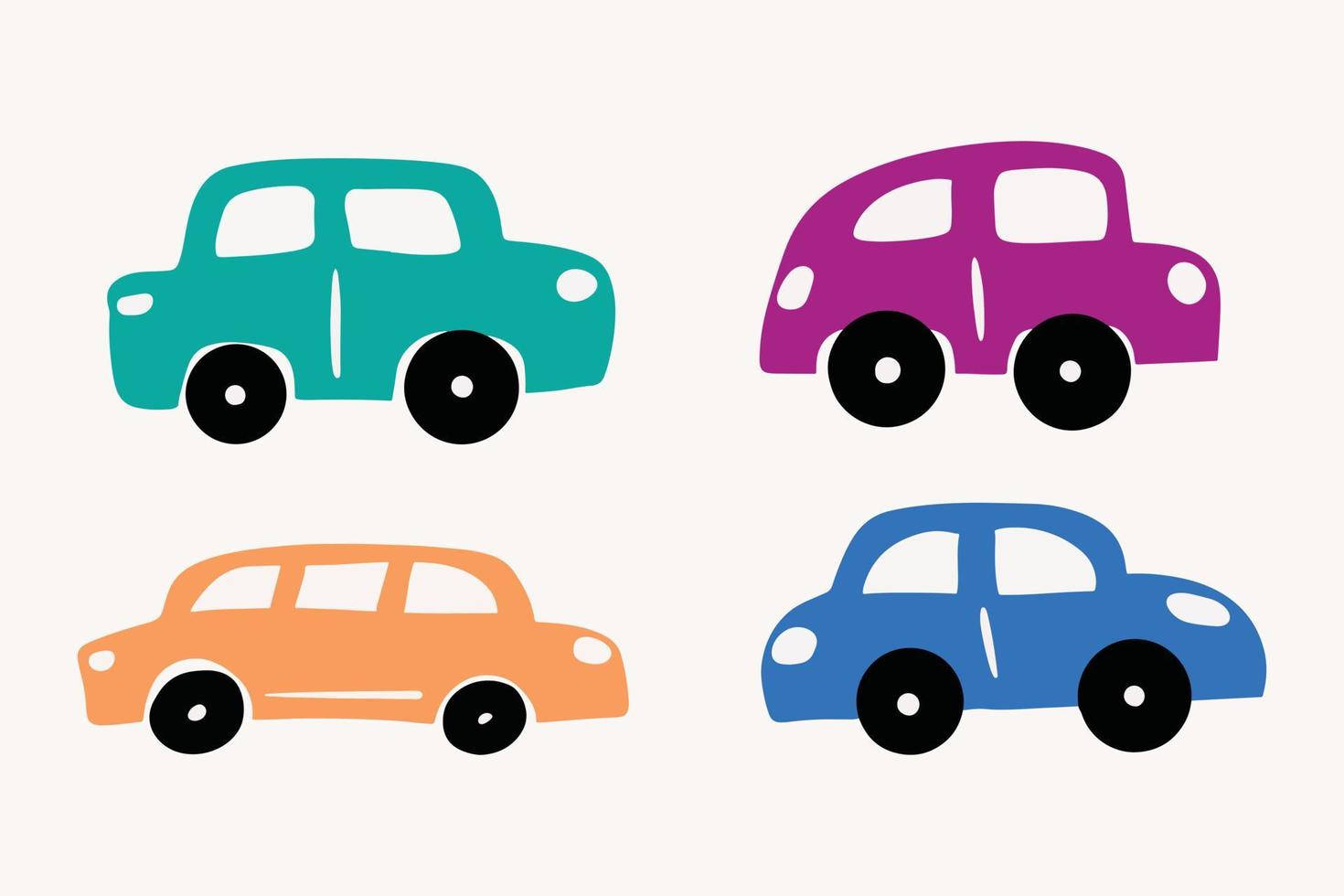 Set cute of car toys illustration. Colorful transportation drawing in childish style vector
