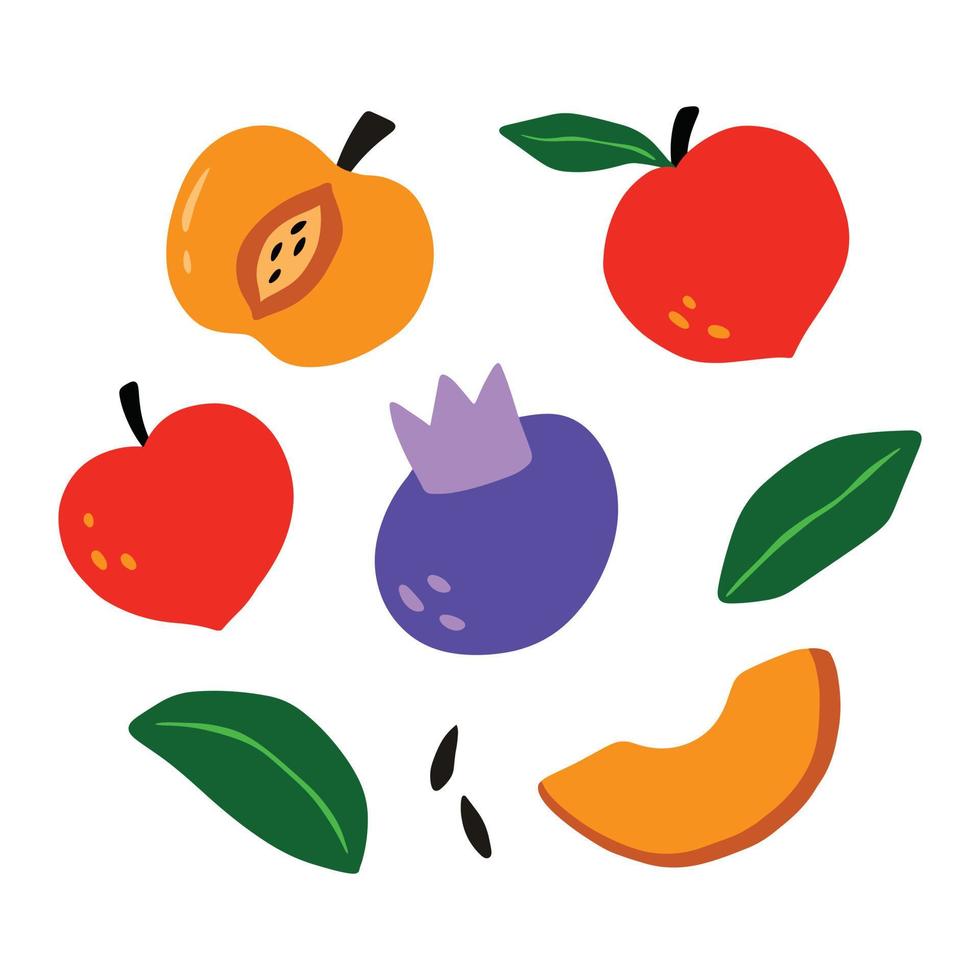 conjunto de frutas en un diseño de ilustración de estilo ingenuo. arte de clip dibujado a mano infantil de moda para elemento de diseño vector