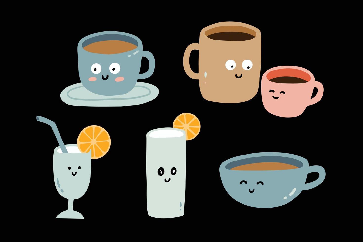 conjunto de lindas ilustraciones de personajes de taza con café, té de limón, un par de café, jugo, etc. vector