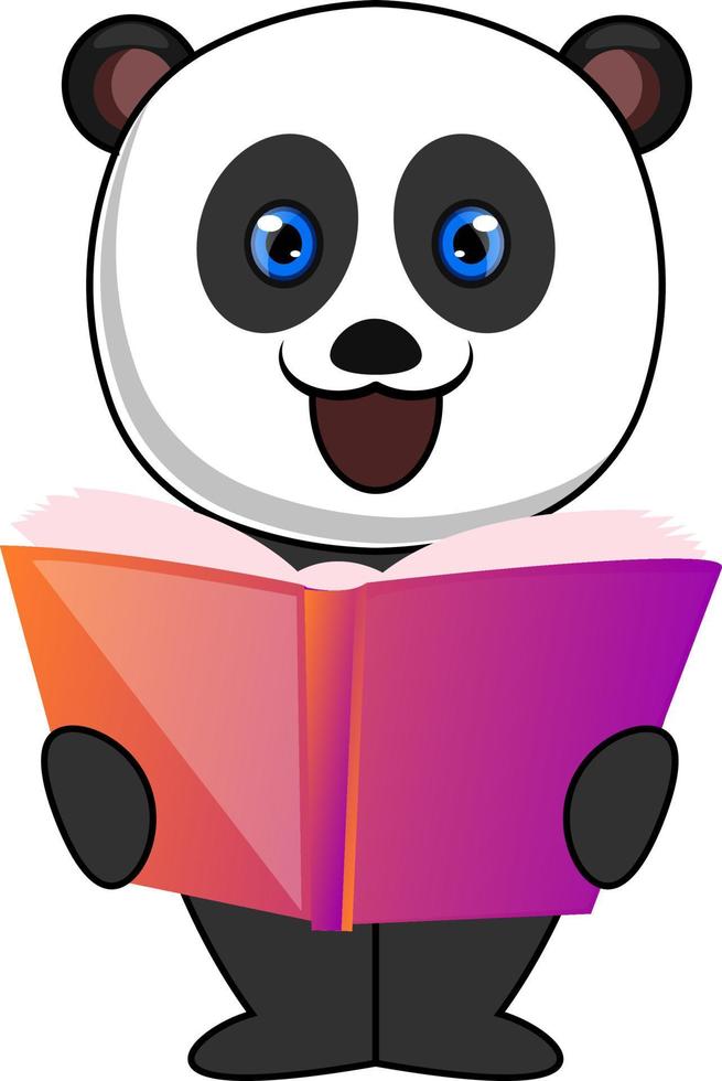 Panda reading book, illustration, vector on white background.