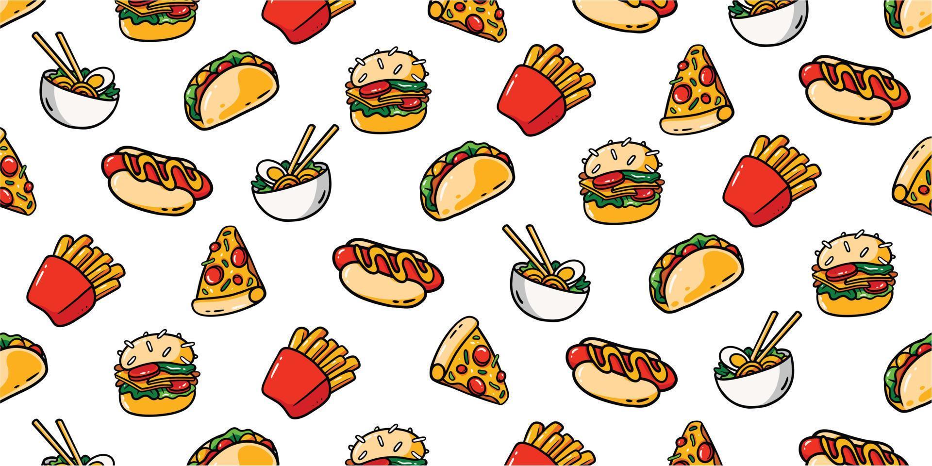 Fast food snacks drinks and desserts Seamless pattern background  Wallpaper with color sketch icons of hot dog pizza ice cream donut  coffee chi Stock Vector Image  Art  Alamy