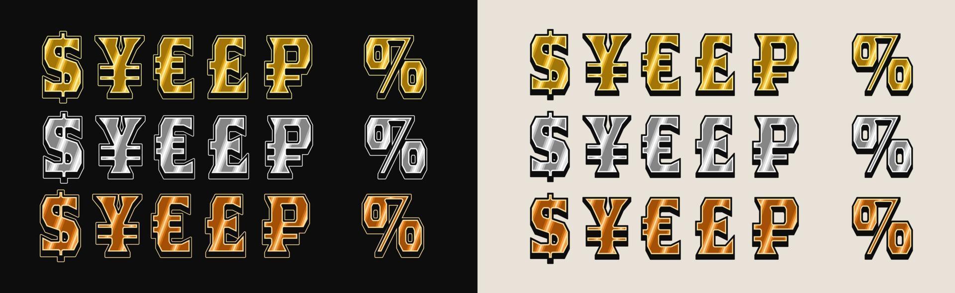 Set with gold, silver, bronze symbols of major world currencies on white background. US dollar, euro, pound sterling, rouble, yen. Vintage style. vector