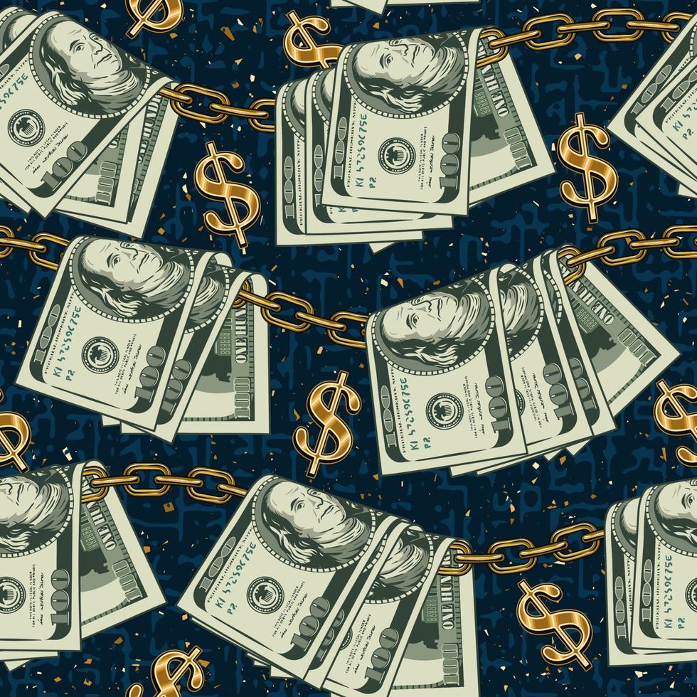 patrón transparente de colores de dinero en estilo vintage con signo de dólar de metal dorado, billetes doblados de 100 dólares colgando de cadenas de oro. fondo azul sucio con polvo de oro, partículas. ilustración detallada vector