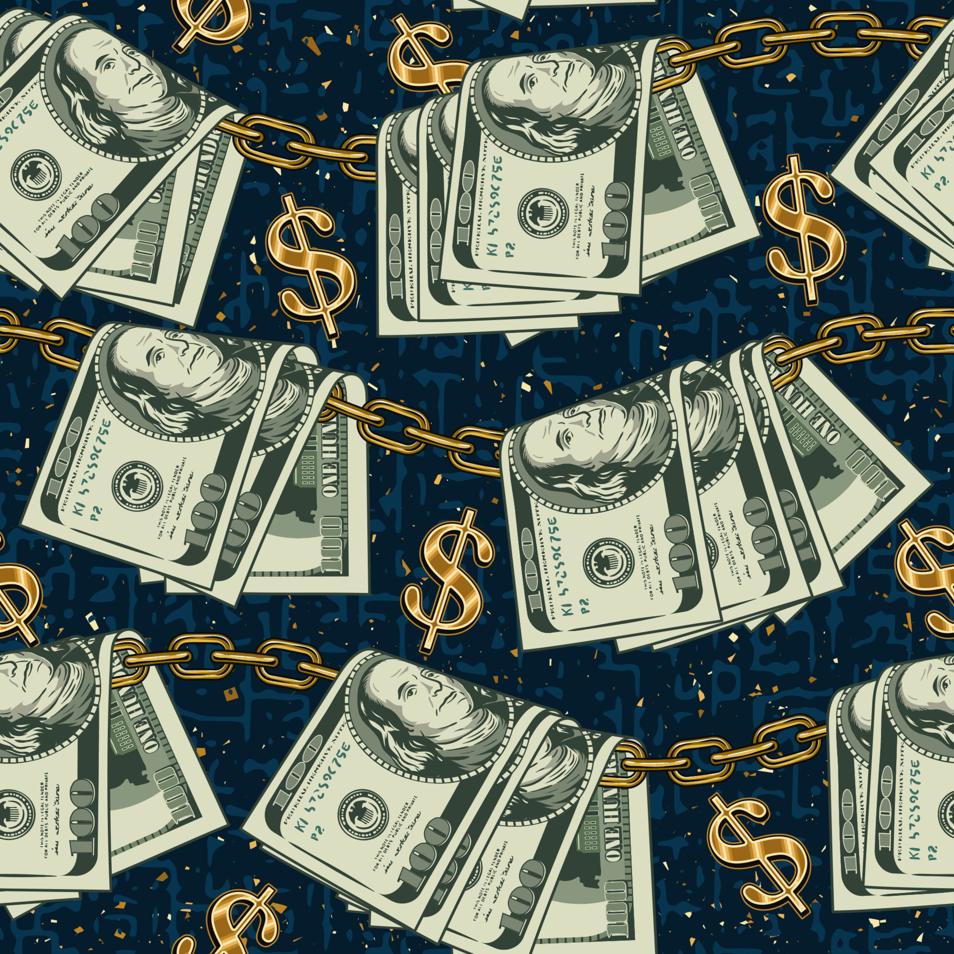 Money colorful seamless pattern in vintage style with gold metal dollar  sign, folded 100 US dollar bills hanging on gold chains. Grungy blue  background with gold dust, particles. Detailed illustration 13488437 Vector