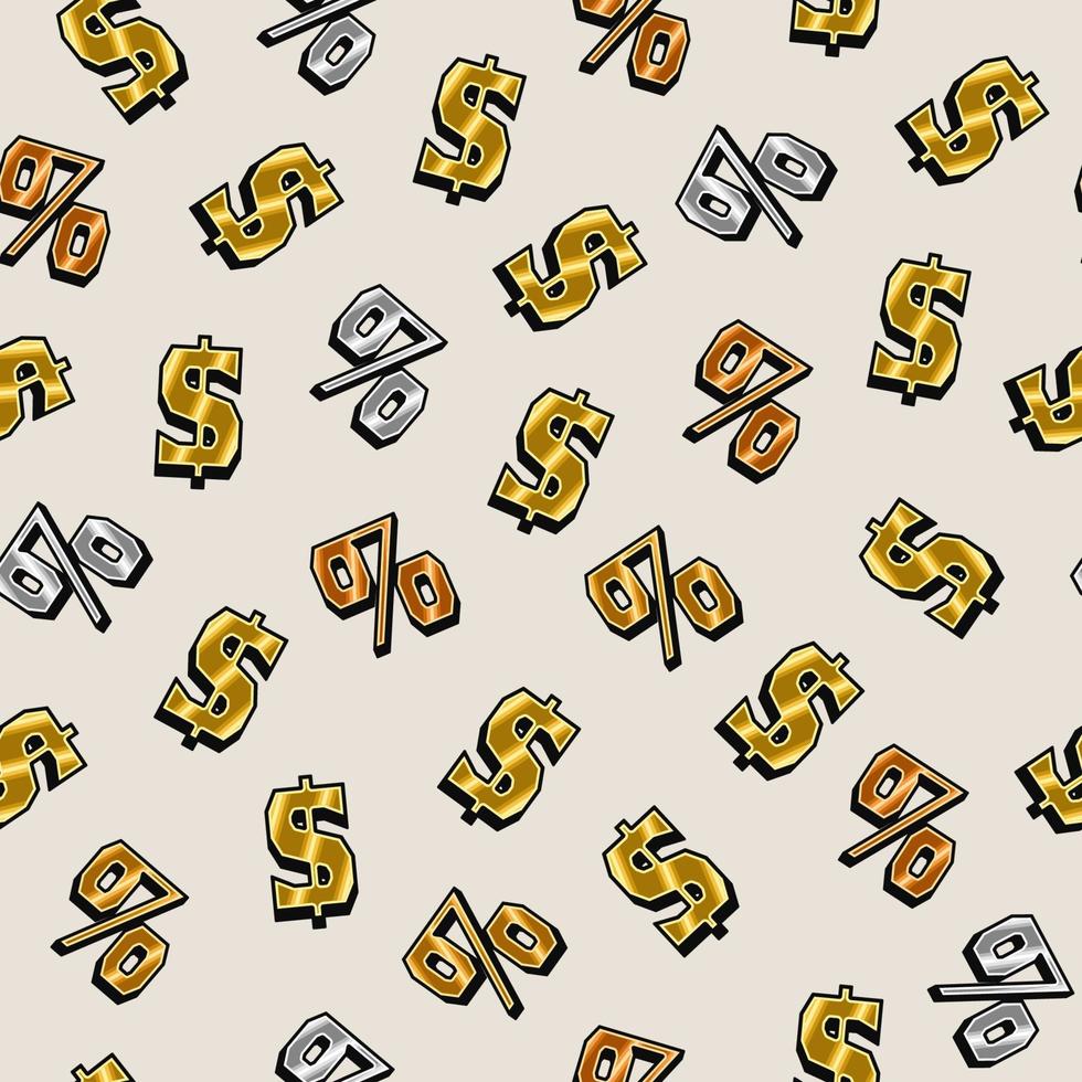 Seamless pattern with gold, silver, bronze US dollar and percent symbols on white background. Vintage style. vector