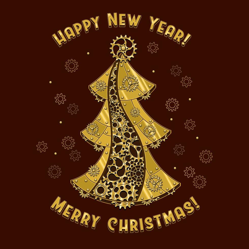 postal prefabricada con árbol de navidad de latón brillante, placas de metal dorado, engranajes, ruedas dentadas, remaches en estilo steampunk. vector