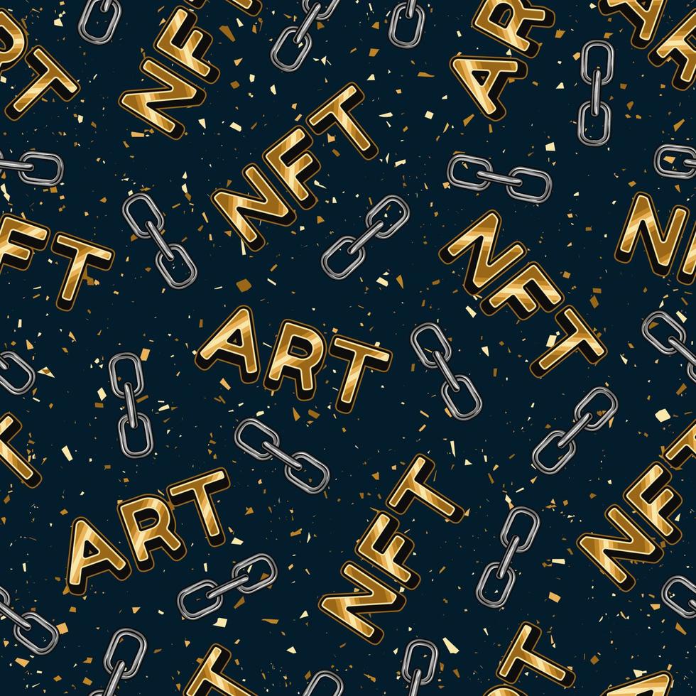 NFT ART pattern. Gold inscription NFT ART, fragments of chains on a dark blue background with gold dust. Vector illustration.