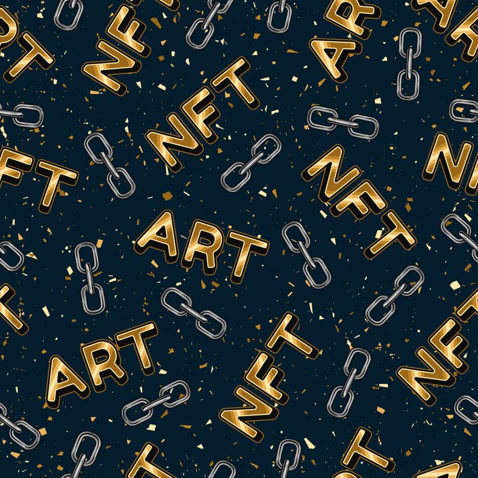 patrón de arte nft. inscripción de oro nft art, fragmentos de cadenas sobre un fondo azul oscuro con polvo de oro. ilustración vectorial vector