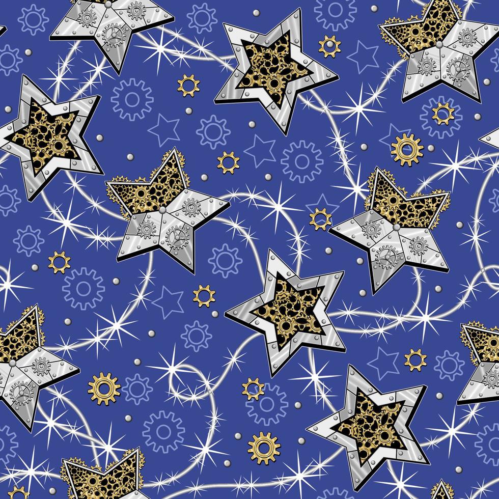 Pattern with gears, christmas stars made of shiny silver metal plates, gears, cogwheels, rivets in steampunk style. Light blue background. vector