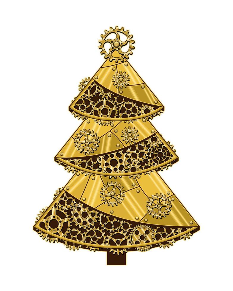 Christmas tree made of shiny brass, gold metal plates, gears, cogwheels, rivets in steampunk style. Vector illustration.