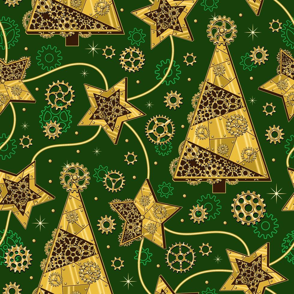 Pattern with gears, christmas tree, stars made of shiny brass, gold metal plates, gears, cogwheels, rivets in steampunk style on green. Christmas background. vector