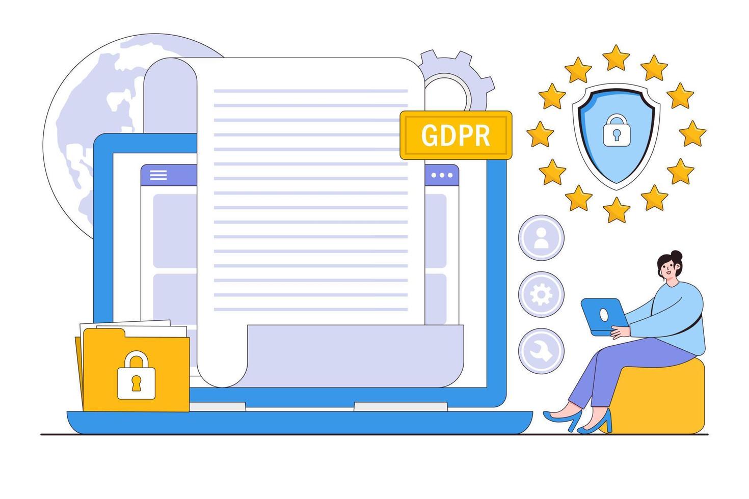 gdpr plano y base de datos de seguridad cibernética regulación general de protección de datos concepto de navegador de control de información. ilustración de estilo de diseño de esquema para página de inicio, banner web, infografía, imágenes de héroe vector