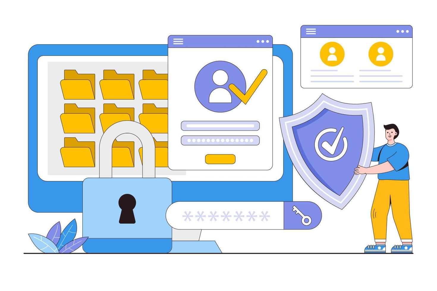 Usuario de hombre de seguridad de datos de ciberespacio personal plano con concepto de control de acceso web de protección de inicio de sesión de escudo. ilustración de estilo de diseño de esquema para página de inicio, banner web, infografía, imágenes de héroe vector