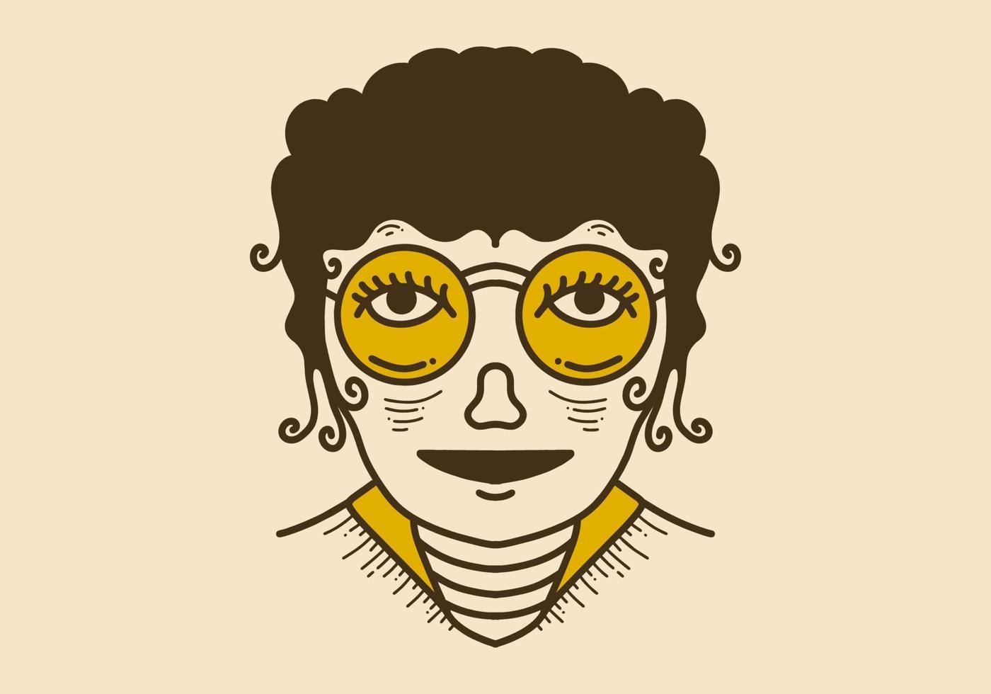 Vintage art illustration of a curly girl face wearing big round glasses vector