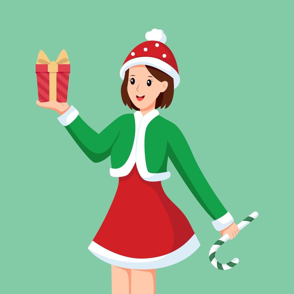Cute Girl with Christmas Gift Character Design Illustration vector