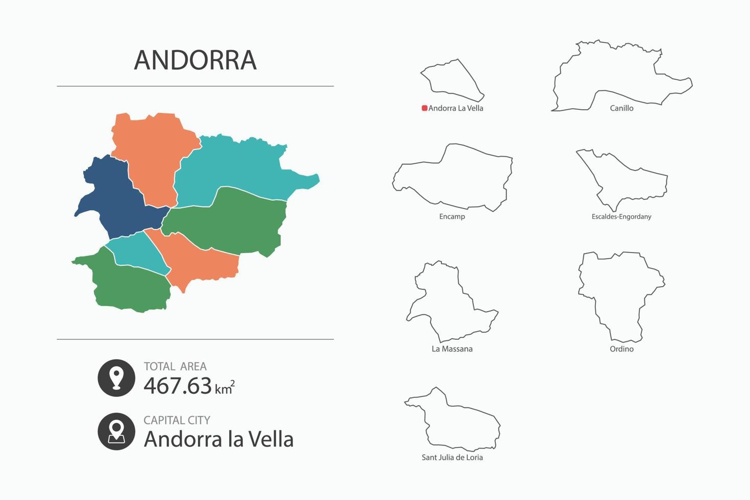 mapa de andorra con mapa detallado del país. elementos del mapa de ciudades, áreas totales y capital. vector