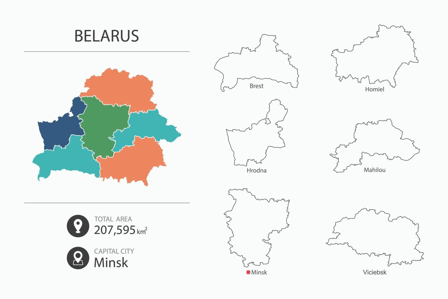 Map of Belarus with detailed country map. Map elements of cities, total areas and capital. vector