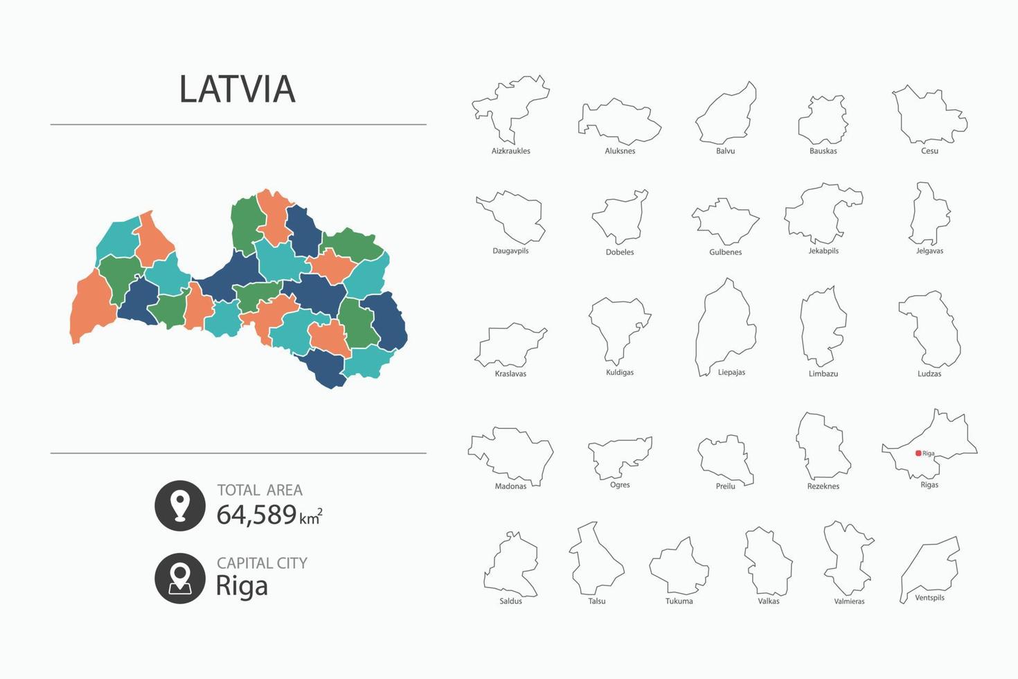 Map of Latvia with detailed country map. Map elements of cities, total areas and capital. vector