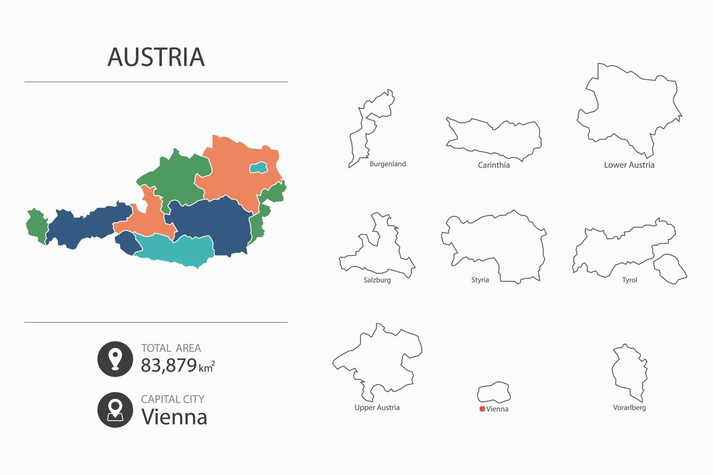 Map of Austria with detailed country map. Map elements of cities, total areas and capital. vector