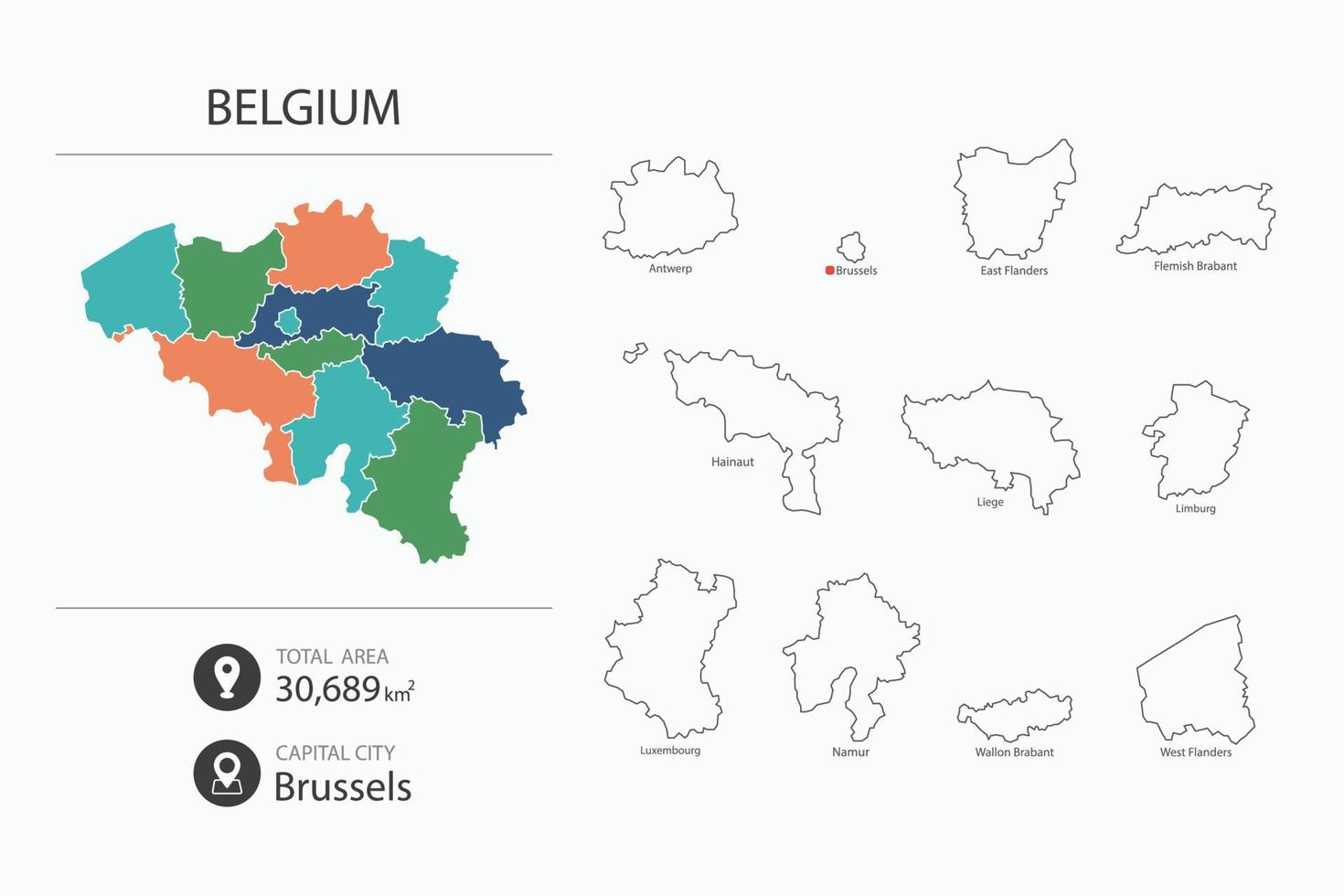 mapa de bélgica con mapa detallado del país. elementos del mapa de ciudades, áreas totales y capital. vector