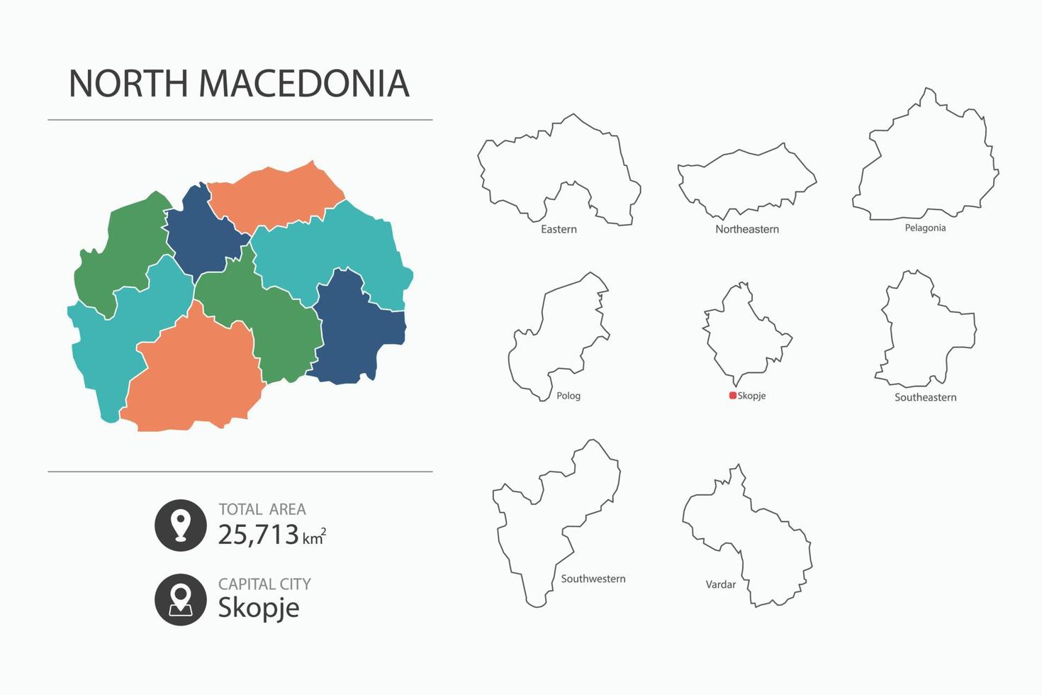 Map of North Macedonia with detailed country map. Map elements of cities, total areas and capital. vector