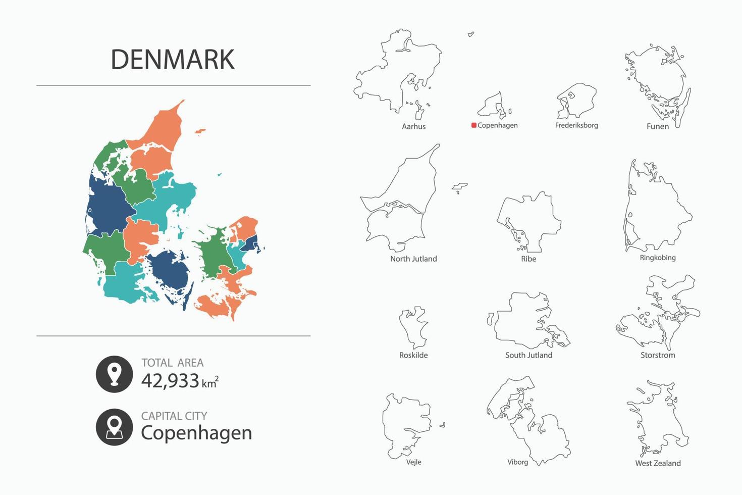 Map of Denmark with detailed country map. Map elements of cities, total areas and capital. vector