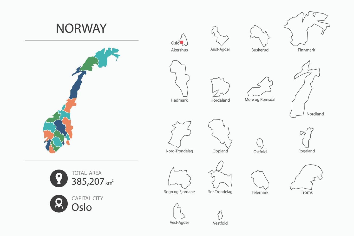 mapa de noruega con mapa detallado del país. elementos del mapa de ciudades, áreas totales y capital. vector