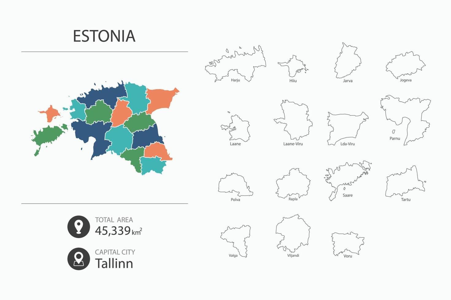 Map of Estonia with detailed country map. Map elements of cities, total areas and capital. vector