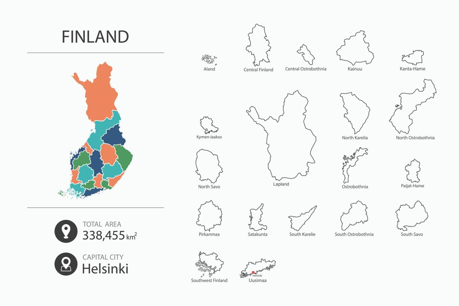 Map of Finland with detailed country map. Map elements of cities, total areas and capital. vector