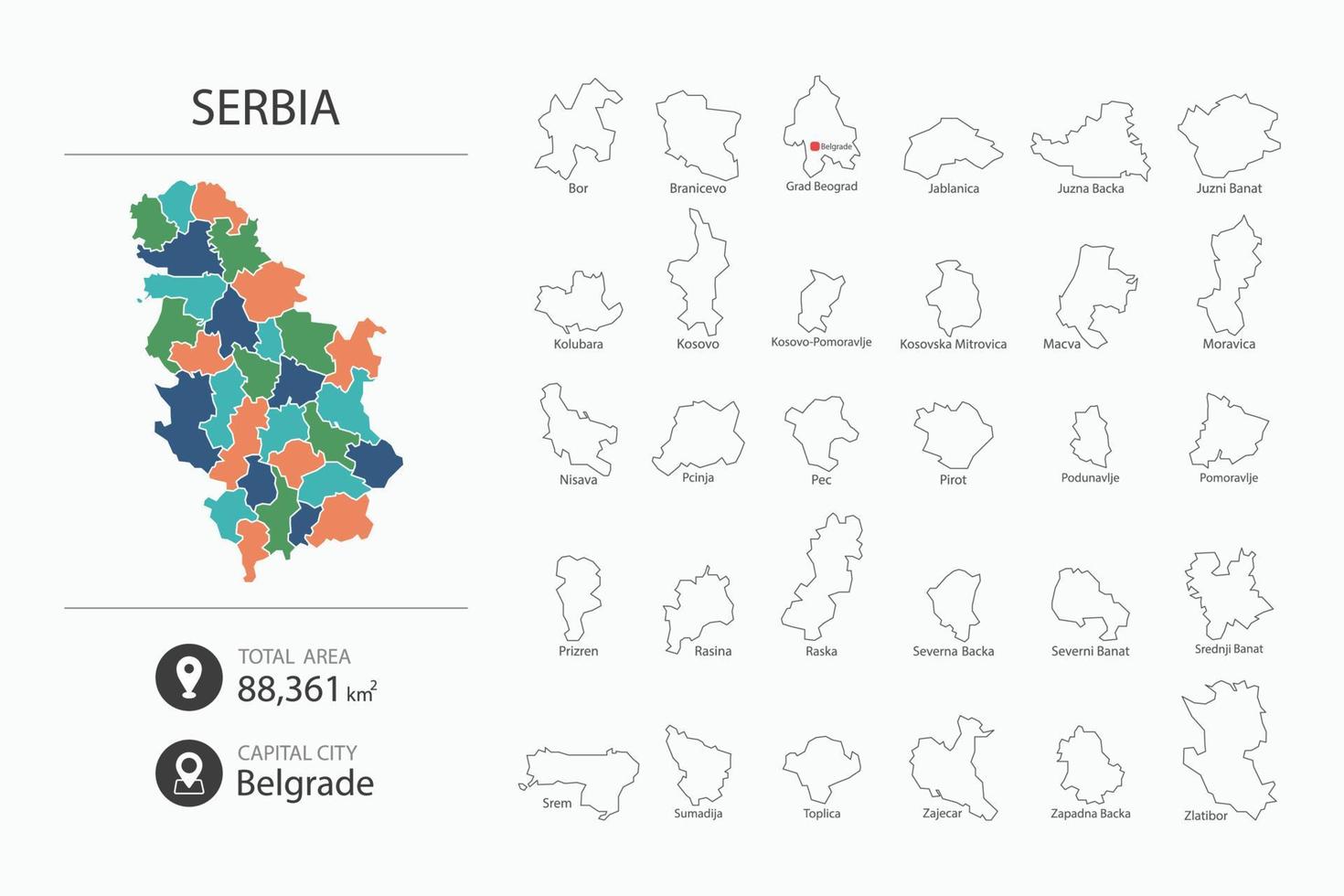 Map of Serbia with detailed country map. Map elements of cities, total areas and capital. vector