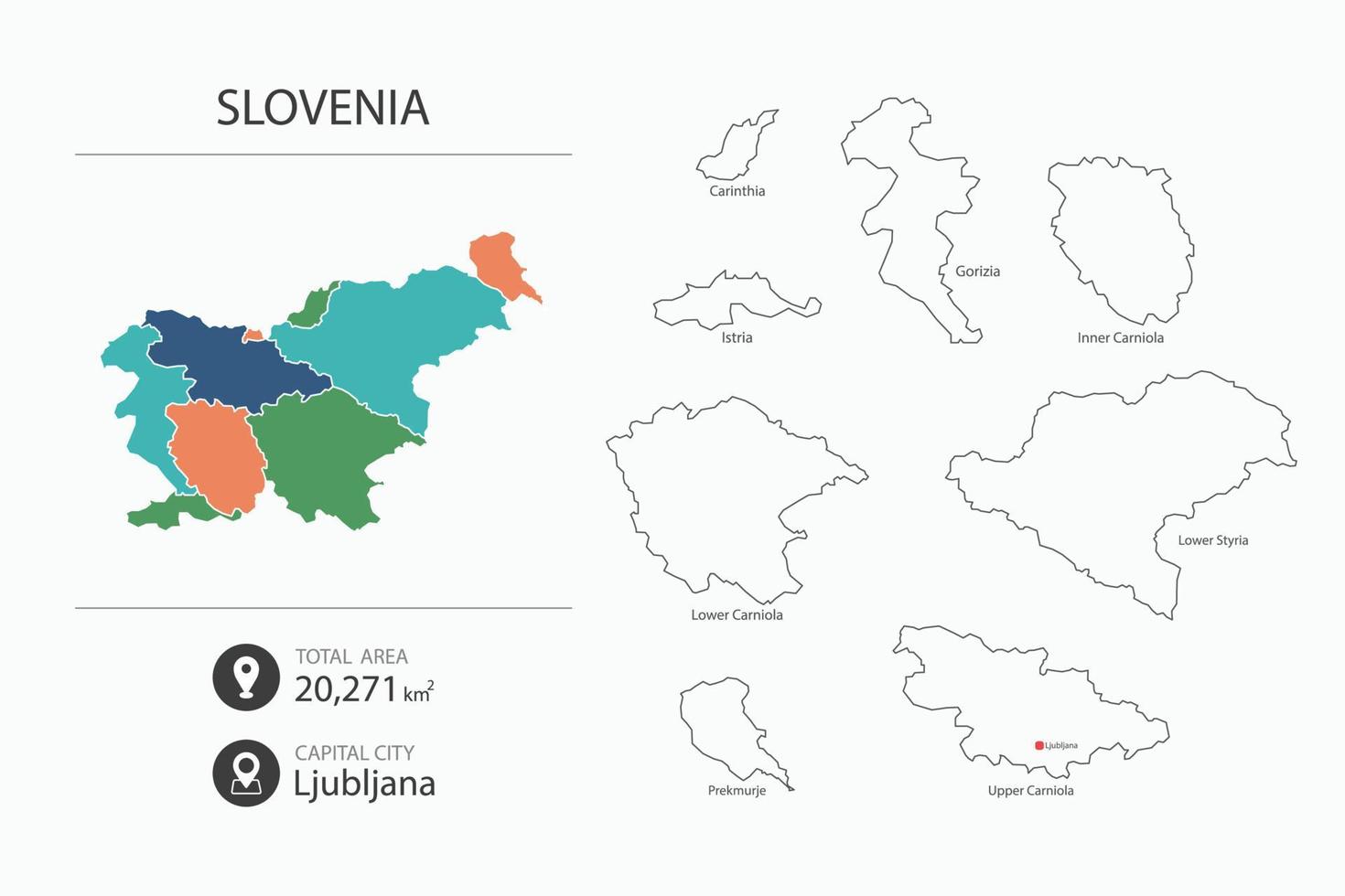 Map of Slovenia with detailed country map. Map elements of cities, total areas and capital. vector