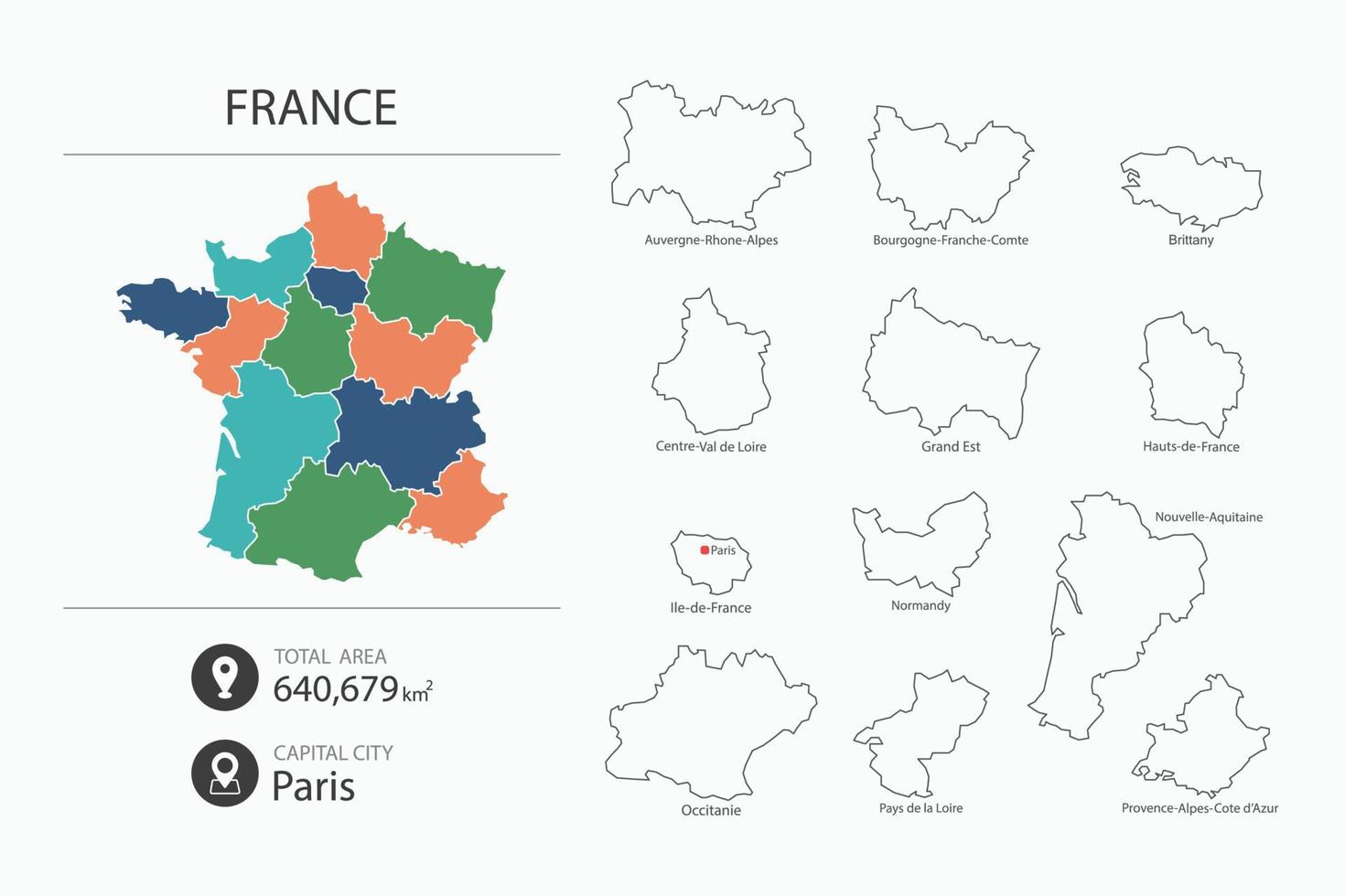 mapa de francia con mapa detallado del país. elementos del mapa de ciudades, áreas totales y capital. vector