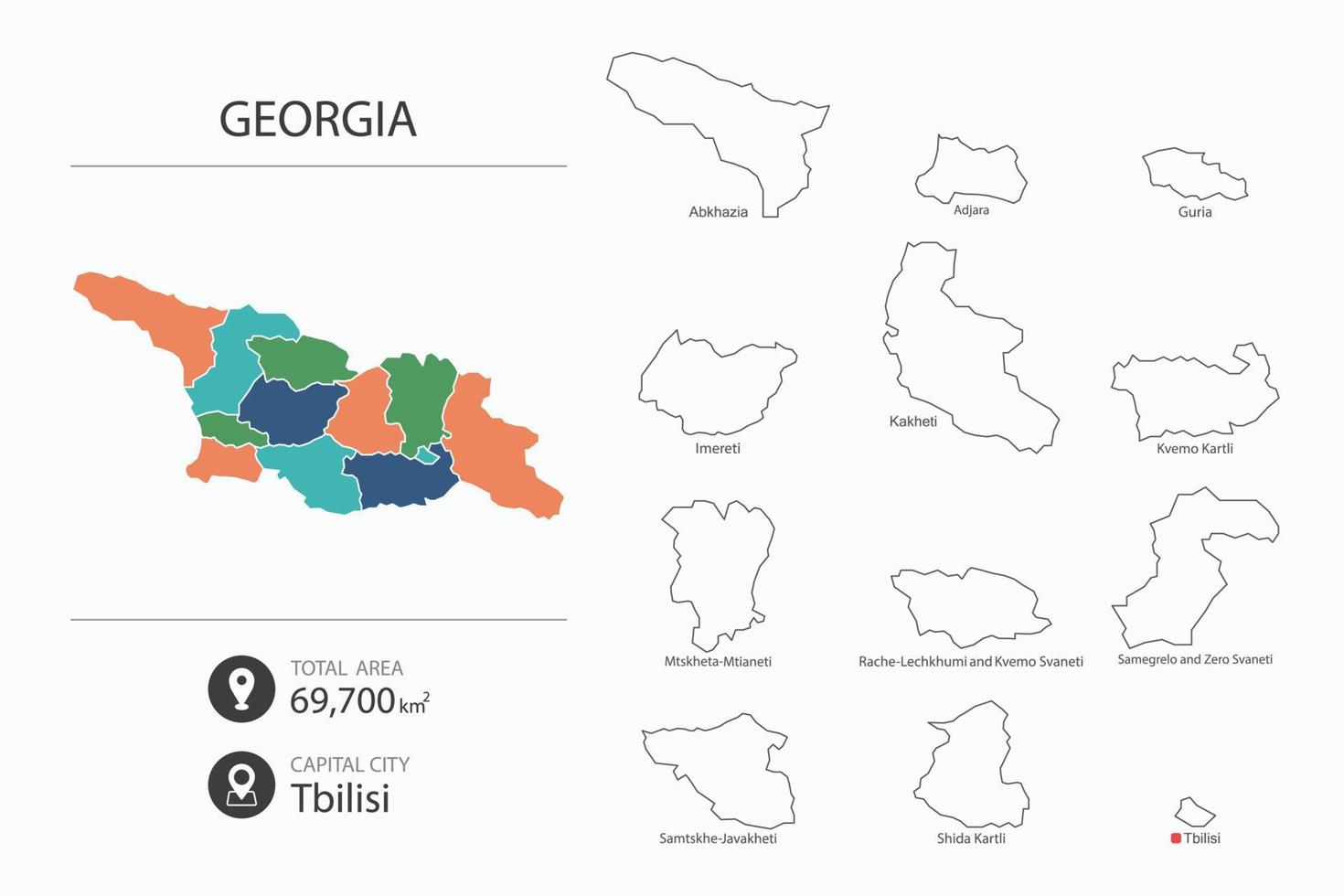 mapa de georgia con mapa detallado del país. elementos del mapa de ciudades, áreas totales y capital. vector