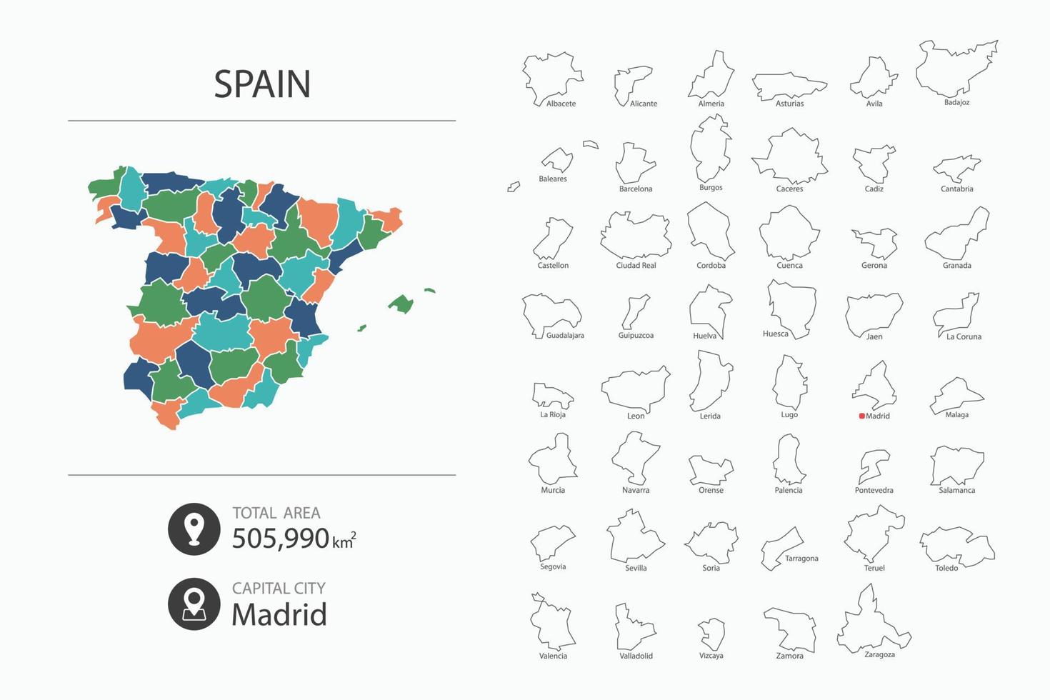 Map of Spain with detailed country map. Map elements of cities, total areas and capital. vector
