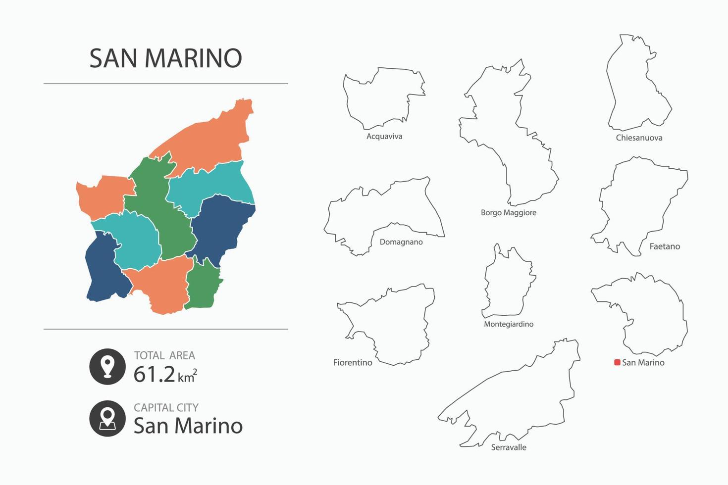 Map of San Marino with detailed country map. Map elements of cities, total areas and capital. vector