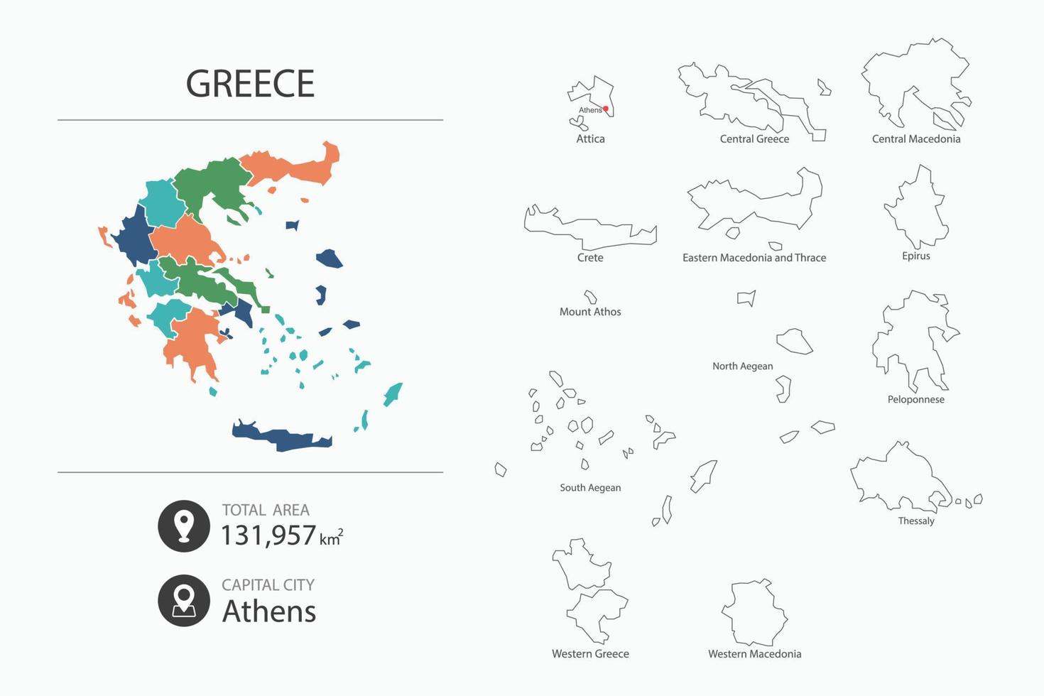 Map of Greece with detailed country map. Map elements of cities, total areas and capital. vector