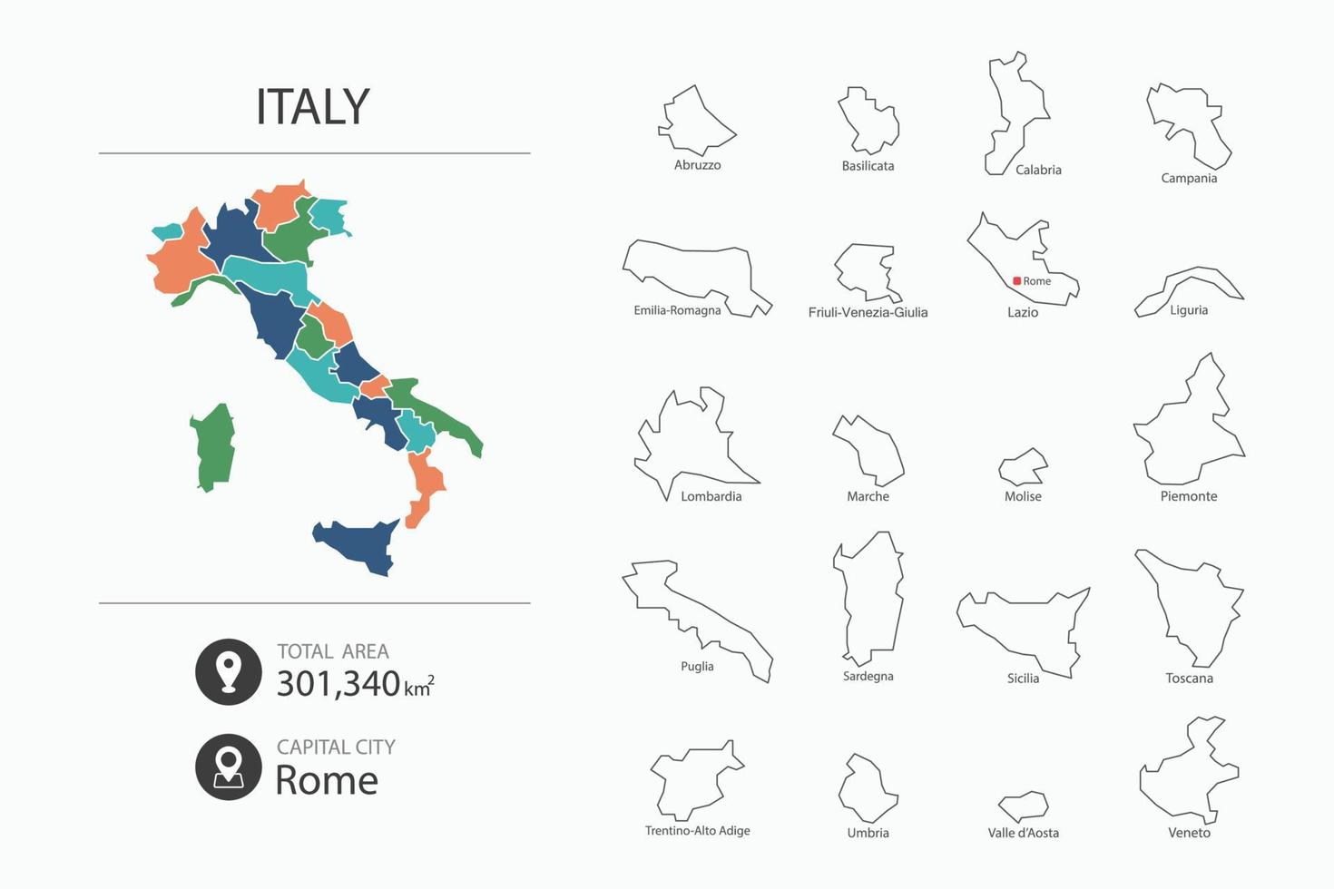 Map of Italy with detailed country map. Map elements of cities, total areas and capital. vector