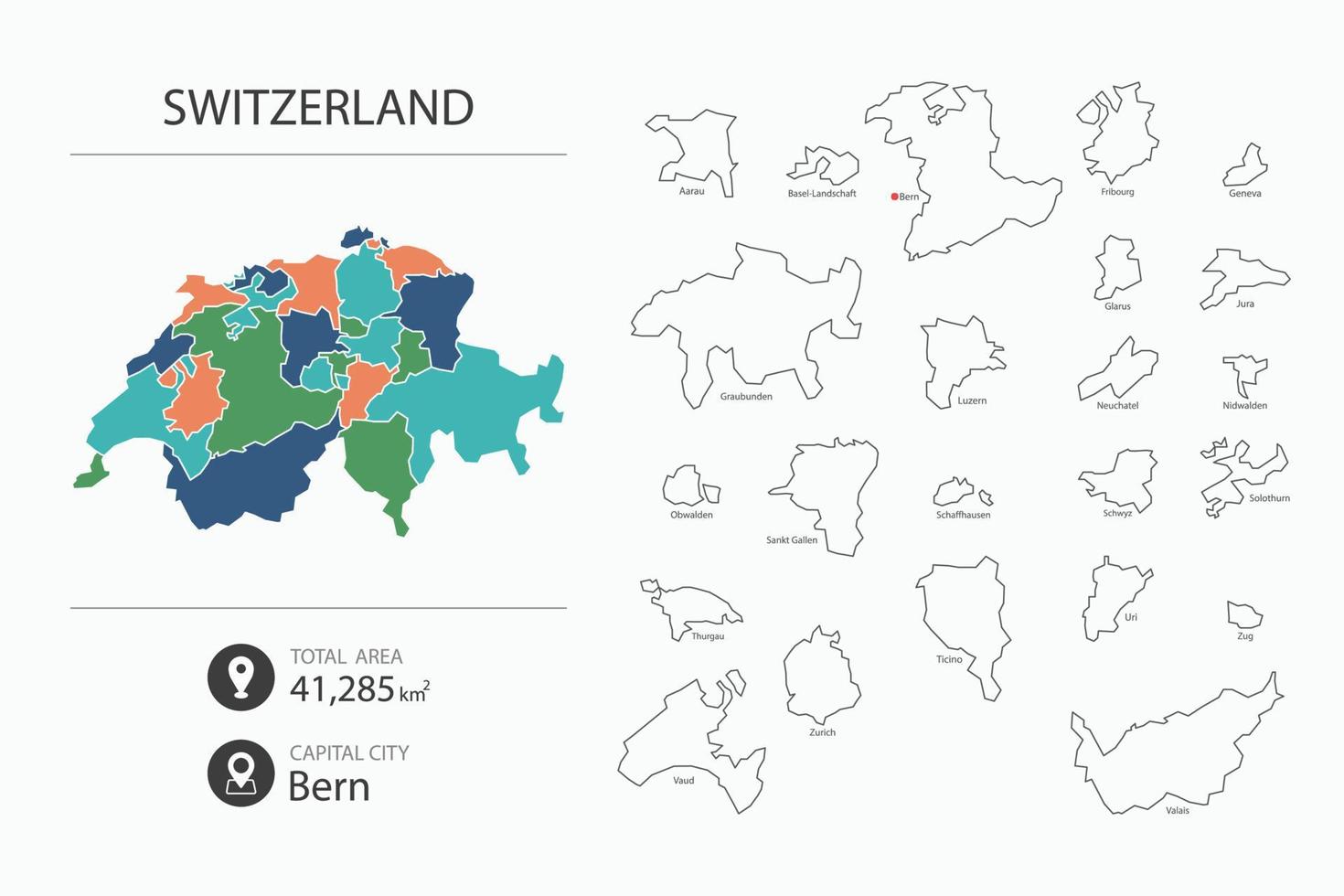 Map of Switzerland with detailed country map. Map elements of cities, total areas and capital. vector