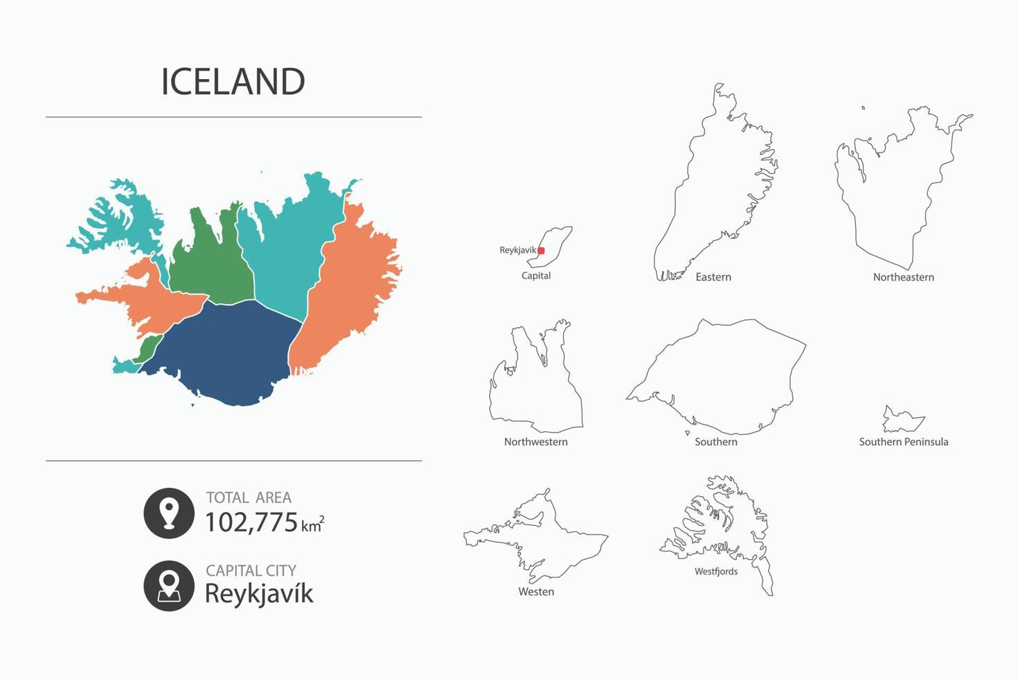 Map of Iceland with detailed country map. Map elements of cities, total areas and capital. vector