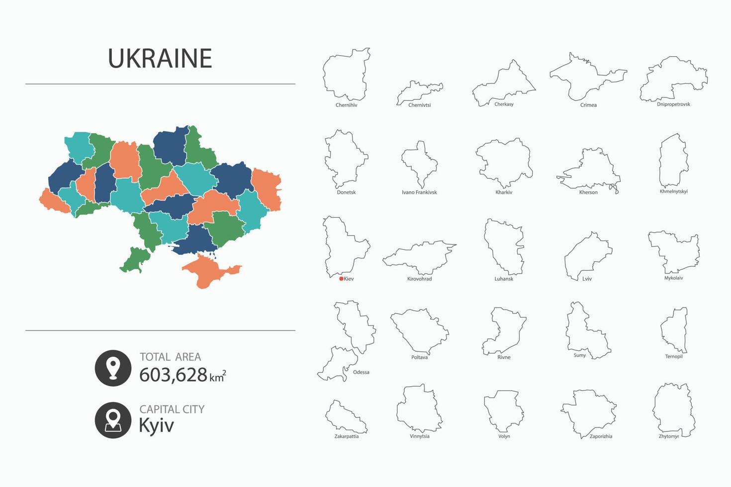 mapa de ucrania con un mapa detallado del país. elementos del mapa de ciudades, áreas totales y capital. vector