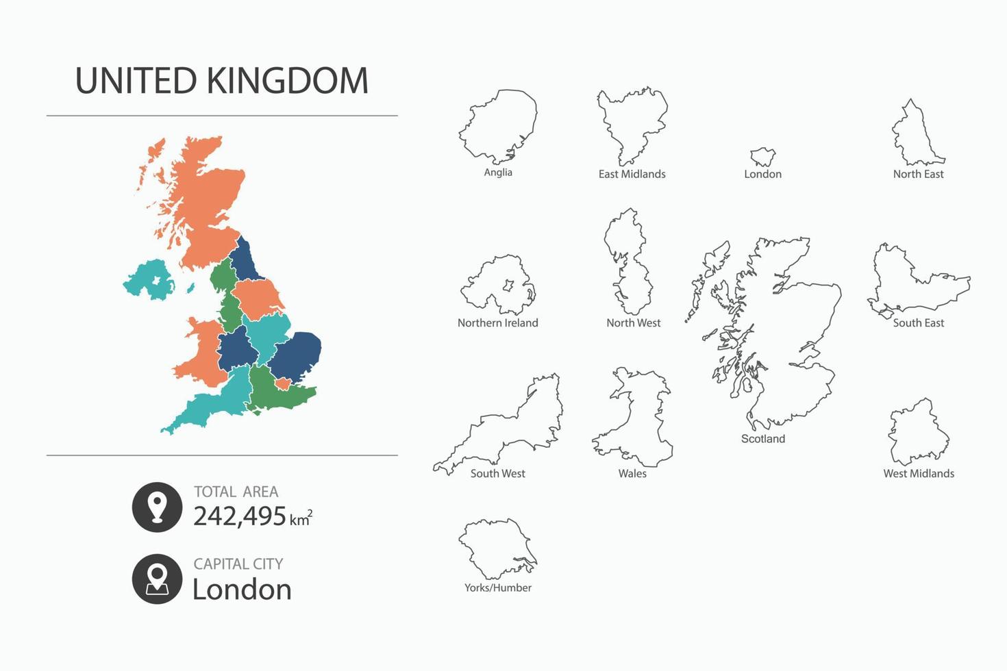 Map of UK with detailed country map. Map elements of cities, total areas and capital. vector