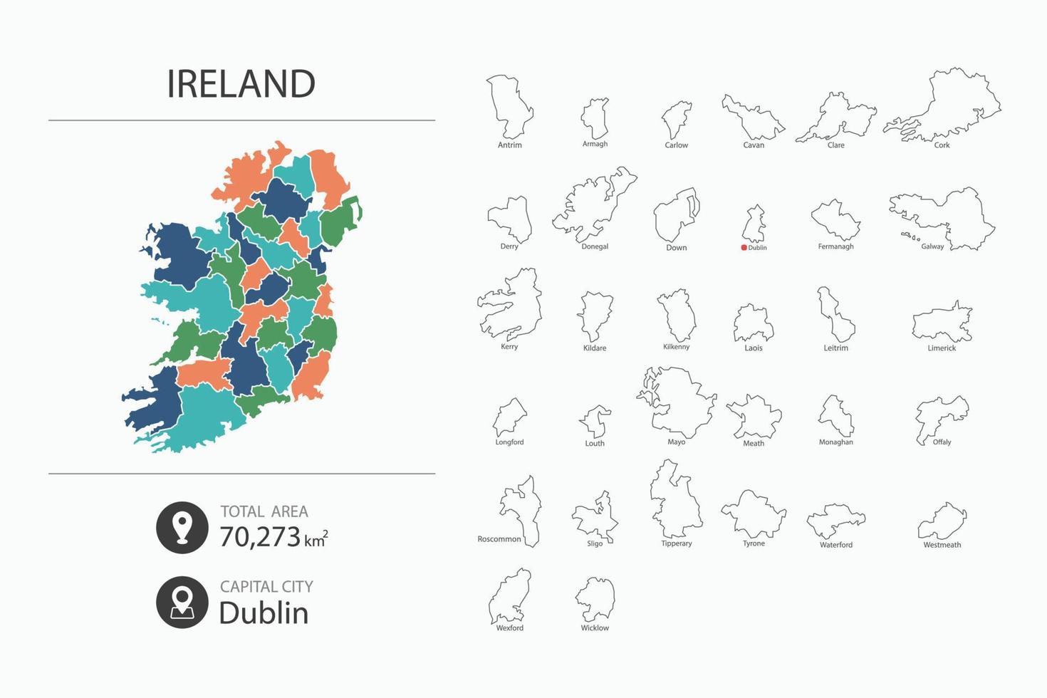 mapa de irlanda con un mapa detallado del país. elementos del mapa de ciudades, áreas totales y capital. vector