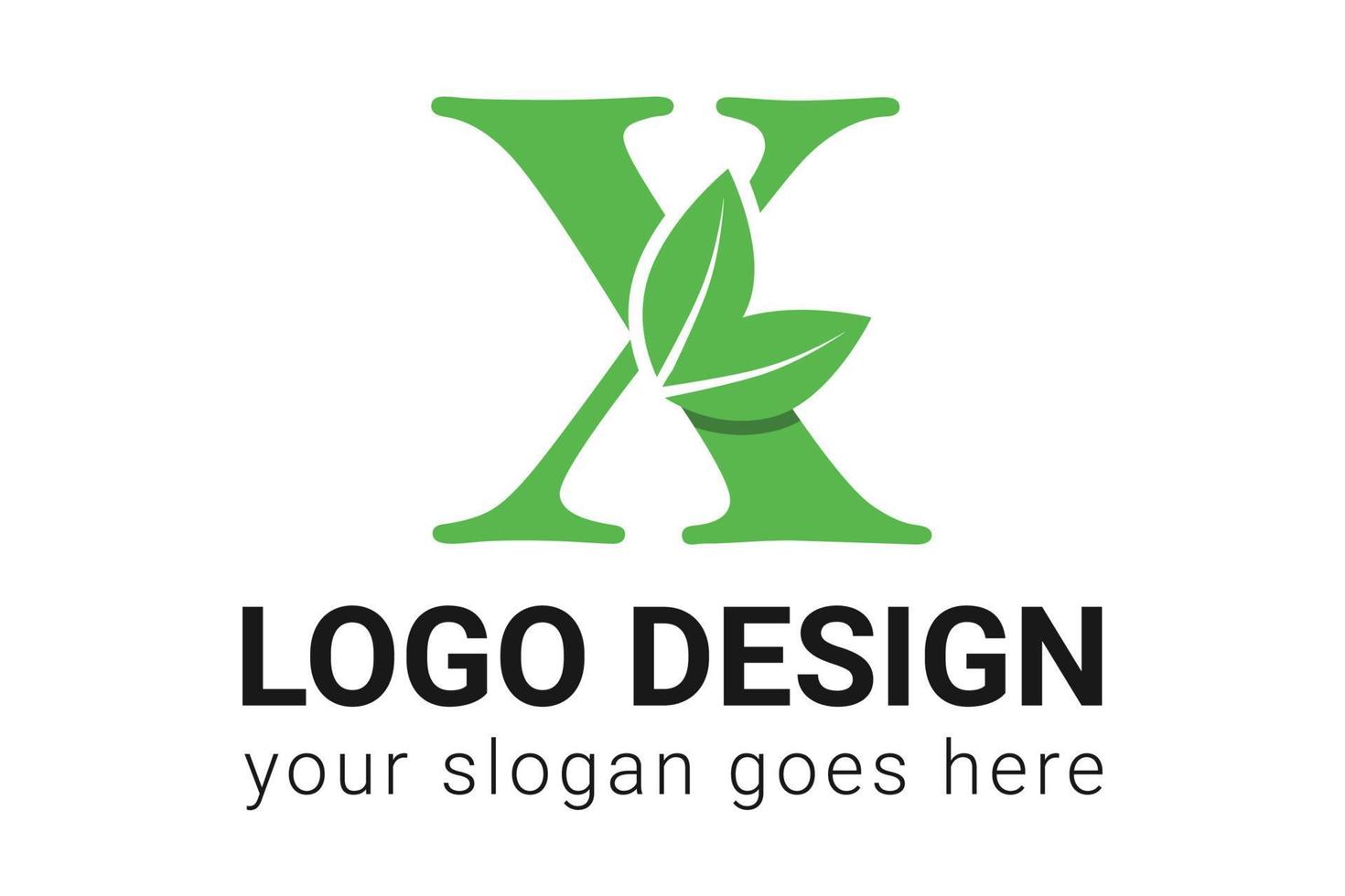 X letter eco logo with leaf. Vector typeface for nature posters, eco friendly emblem, vegan identity, herbal and botanical cards etc. Ecology X letter logo with green leaf.