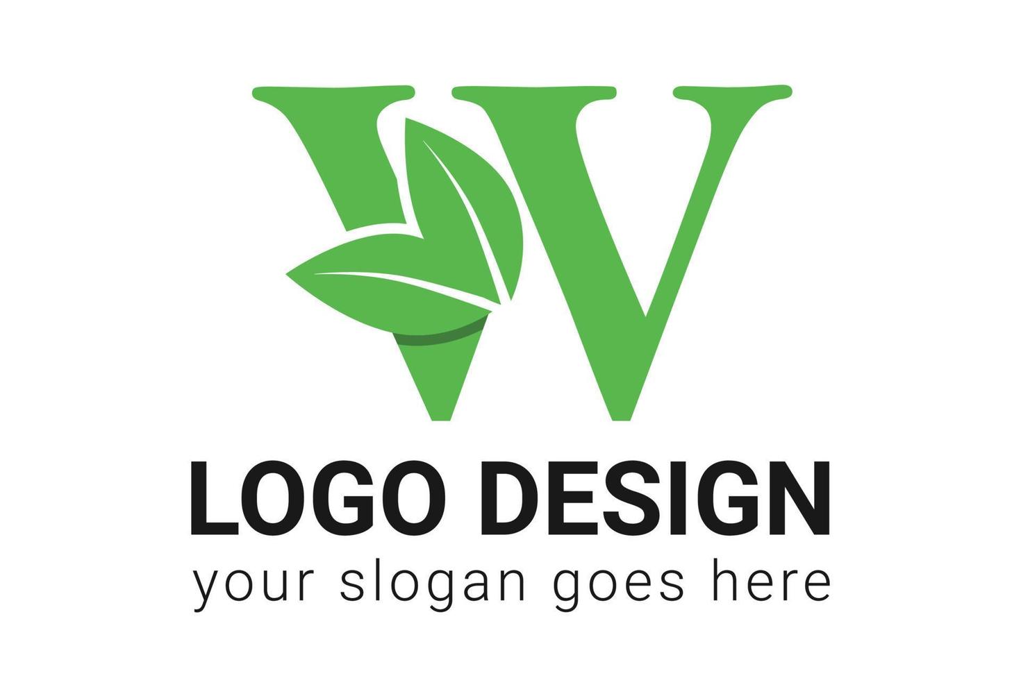 W letter eco logo with leaf. Vector typeface for nature posters, eco friendly emblem, vegan identity, herbal and botanical cards etc. Ecology W letter logo with green leaf.